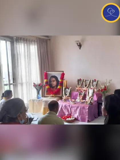 Our altar beautifully decorated for Guru Purnima, a day we set aside to honor our entire line of gurus. Devotees gather to offer prayers, chant, and express gratitude for the light of the guru in our lives.