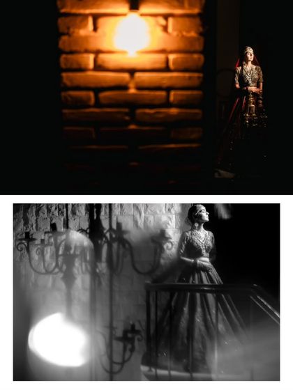 A collage of artistic black and white bridal portraits, playing with light, shadow, and focus to create moody and elegant frames.