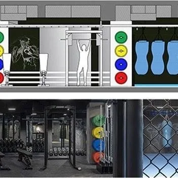 Another view of our design process for the MMA Matrix Gym, comparing the concept illustration for the weight racks and punching bags to the finished, fully equipped space.