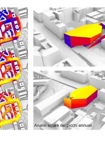 Solar analysis diagrams for the MAXXI project. We use these computational tools to study the impact of the sun on the building's form and optimize its orientation and shading strategies for energy efficiency.