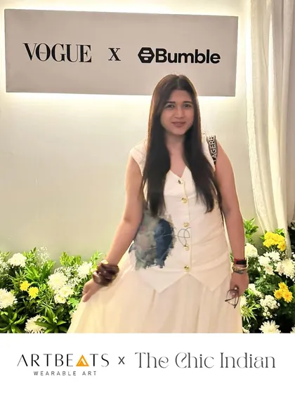 The founder of The Talk Studio wearing the Reverie Co-ord set while hosting an event for Vogue India. It’s a perfect blend of luxury, art, and individuality.