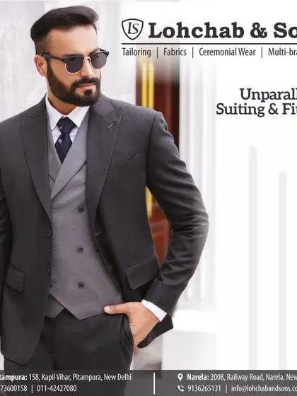 Beyond ethnic wear, we bring the same precision to western formals. This classic three-piece charcoal suit is an example of our bespoke tailoring service, where we ensure an unparalleled fit for a sharp, professional look.