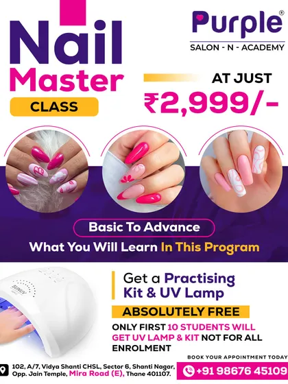 Your career as a professional nail artist starts here. Our Nail Master Class is a comprehensive program covering basic to advanced techniques. We make it easy to start, with a low course fee and a free practicing kit and UV lamp for our first students.