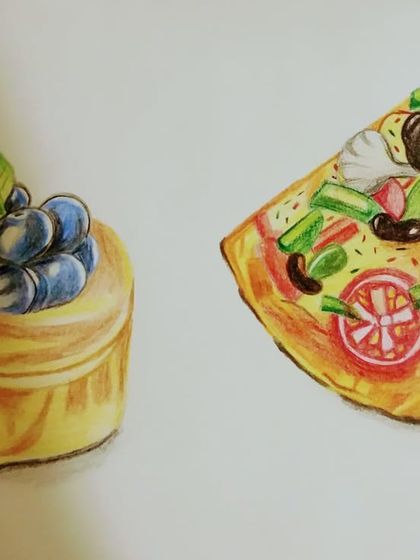More realistic food art by students, showing a blueberry tart and a slice of pizza.