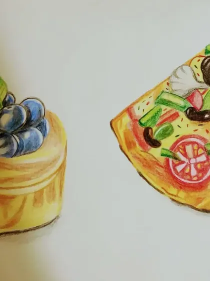 More realistic food art by students, showing a blueberry tart and a slice of pizza.