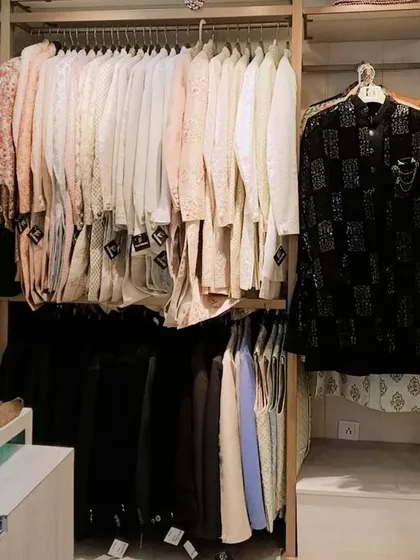 A look at my menswear section, with racks full of sherwanis and Indo-western jackets in various colors and styles. I have an extensive collection to choose from.