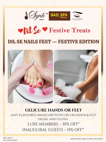 A festive offer for a Gelicure service, which includes a flavored manicure or pedicure. The images show feet soaking in a floral bath and being gently cared for.