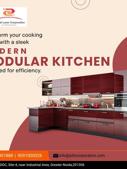 We offer a wide range of finishes, including this bold, high-gloss red modular kitchen. The design incorporates an ergonomic L-shape layout, built-in oven tower, and ample overhead and under-counter storage, proving that practical kitchens can also be statement pieces.