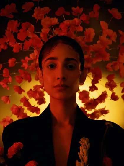 A creative portrait using a floral backdrop and warm, focused lighting. The red flowers create a beautiful frame around the model, who has a serene yet direct gaze.