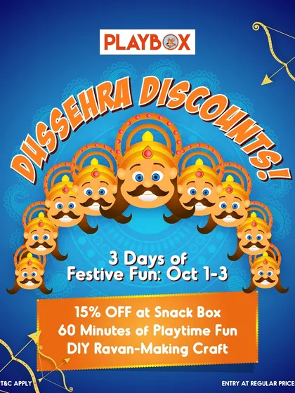 Our Dussehra discount poster announces three days of festive fun. I offer special deals on playtime, snacks, and a DIY Ravan-making craft to celebrate the occasion.