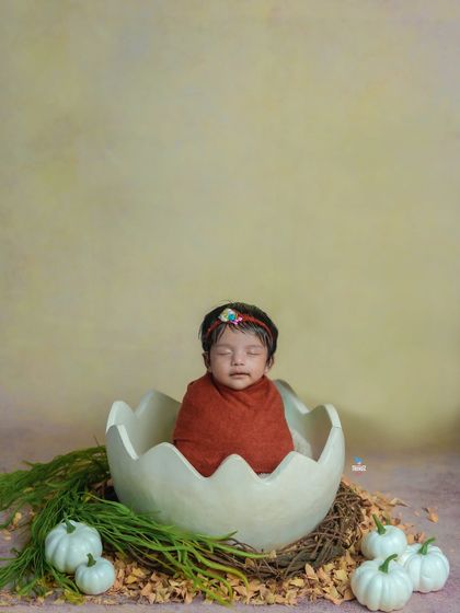 A sweet and creative 'hatching' concept. This photo shows a newborn nestled inside an eggshell prop, symbolizing new life and making for a unique birth announcement photo.