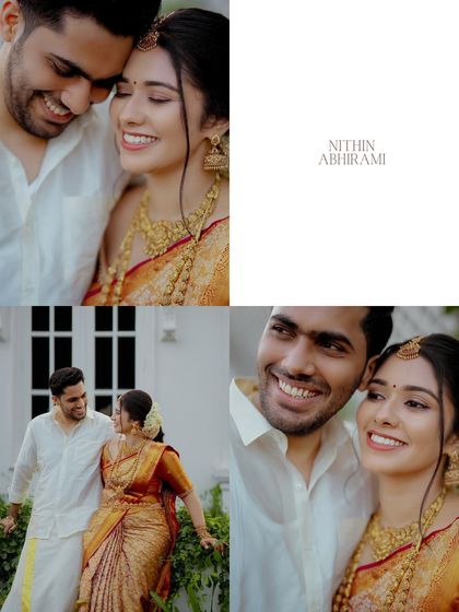 A collage of romantic portraits of the couple, showcasing their loving connection and happy smiles.