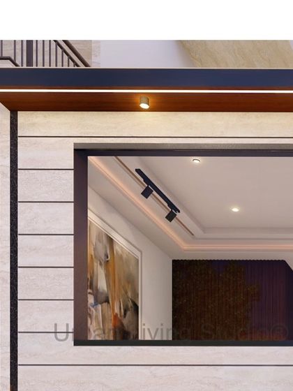 A detailed render of a double-height foyer for the Palm Resorts in Ghaziabad. This view focuses on the exterior facade, showing the clean lines of the stone cladding and the warm glow of integrated lighting.