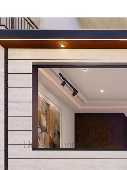 A detailed render of a double-height foyer for the Palm Resorts in Ghaziabad. This view focuses on the exterior facade, showing the clean lines of the stone cladding and the warm glow of integrated lighting.