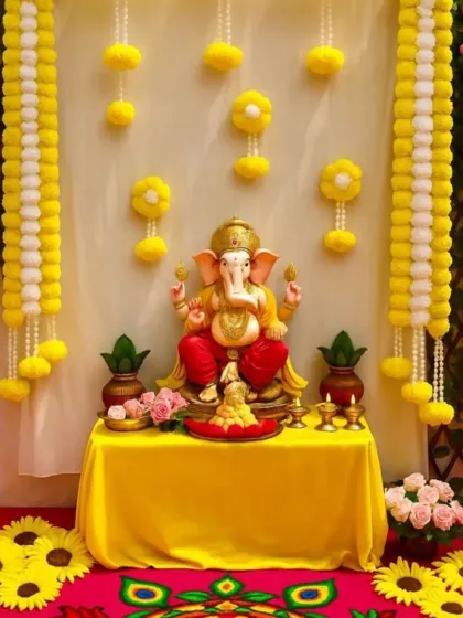 This Ganpati decor uses traditional marigold flower hangings against a simple white backdrop for a clean and classic look. The setup is completed with a colorful rangoli mat and sunflowers at the base, bringing a bright and cheerful energy to the space.