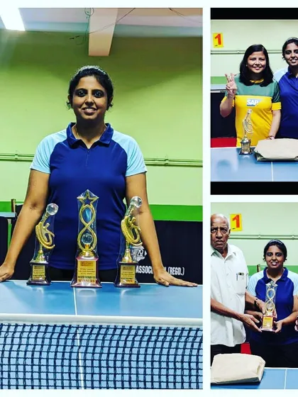 Ashwini B M celebrating a triple crown win in Women's singles, Women's doubles, and Mixed doubles at the Victory events All India Inter-Corporate Table Tennis Tournament.