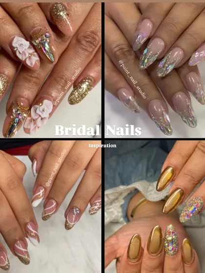 Here's a collage of some of my favorite bridal nail inspirations. You can see a variety of styles, from 3D floral work and heavy crystals to elegant gold chrome and intricate line art, showing the range of custom looks we can create for your wedding events.