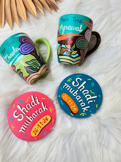 Another look at the 'Shaadi Mubarak' wedding gift set, with the couple's last names painted on the back.