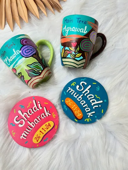 Another look at the 'Shaadi Mubarak' wedding gift set, with the couple's last names painted on the back.