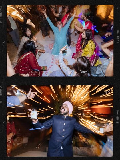 A creative collage with motion blur capturing the high-energy, chaotic fun of the sangeet party.