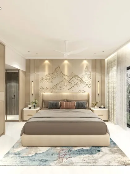 A front-on view of the bed and the stunning headboard art. Our 3D renders allow us to perfect the scale and placement of every design element.