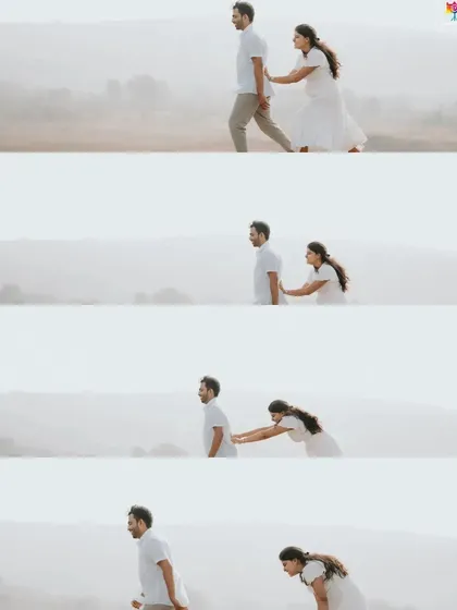 A sequential collage telling a playful story of the bride-to-be chasing her partner, capturing their fun and lighthearted connection.