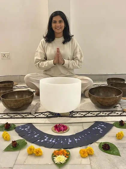 Riya Vyas, our sound healing guide, ready to begin the session. Her calming presence and expertise create a safe space for participants to let go and heal.