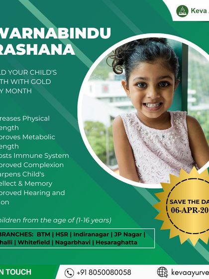A bright-eyed young girl smiles, representing the healthy children we care for. This informational graphic lists the comprehensive benefits of our monthly Swarnabindu Prashana, including improved metabolic strength and sharper intellect.