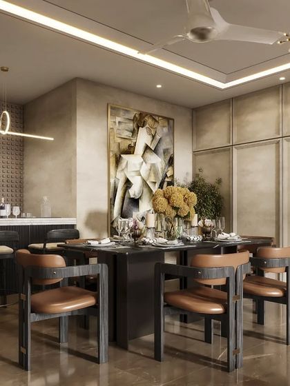 This dining area includes an integrated bar, rendered with attention to the textured wall, leather-upholstered chairs, and ambient lighting. It shows how we visualize multi-functional social spaces.