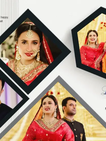 A geometric and modern collage of a couple on their wedding day. The design is clean and stylish, showcasing both individual portraits and a beautiful shot of them together.