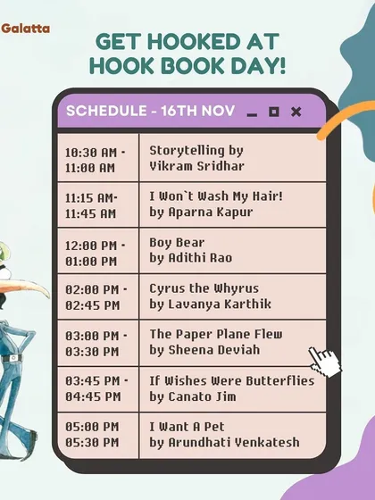 The full schedule for 'Hook Book Day', a day-long festival in partnership with Duckbill books, packed with sessions from beloved children's authors and illustrators.