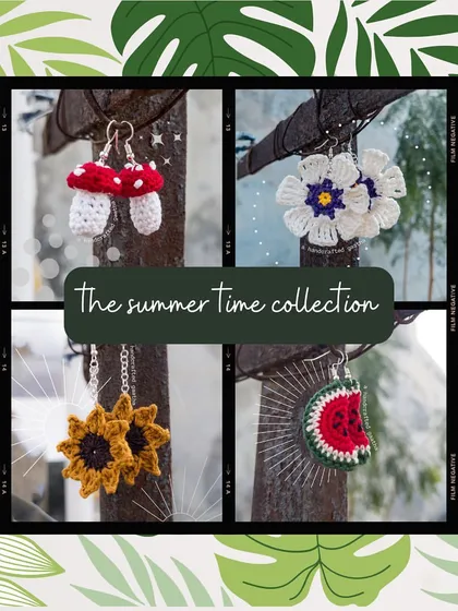 An overview of 'The Summertime Collection,' featuring my four most popular quirky designs: mushroom, floral, sunflower, and watermelon.