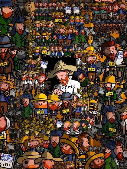 A chaotic collage of mass-produced Vincent caricatures and merchandise surrounds the real artist, who is quietly at work. This piece critiques the commercialization and trivialization of an artist's legacy.