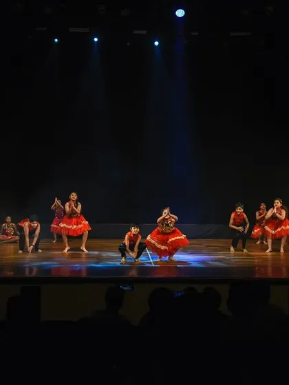 A wide shot of the children's Bollywood performance, showing the full group on stage. We are experienced in managing and choreographing for larger groups of kids, ensuring a cohesive and entertaining show.