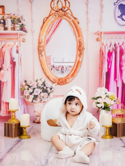 A wider view of the "pamper-me" princess setup, complete with a clothing rack and vanity mirror.