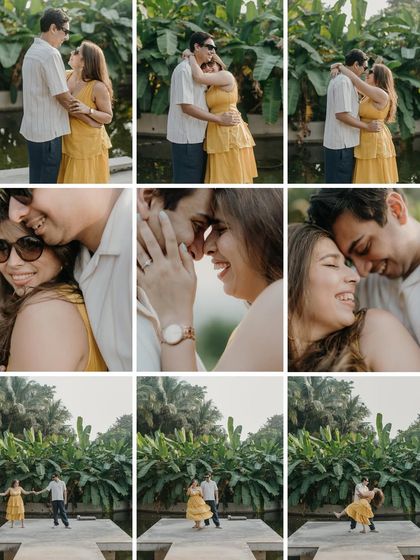 A grid of nine images capturing the full range of emotions from this part of their shoot. It shows laughter, intimacy, dancing, and quiet moments, all against a lush green backdrop.