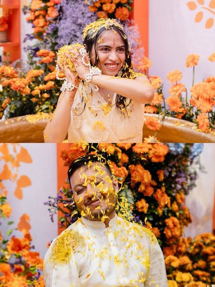 The Haldi ceremony is all about unrestrained joy. We created a vibrant orange floral backdrop for this fun-filled moment, ensuring the photos would be as full of life and color as the experience itself.