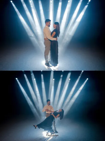 A two-panel image showing a couple dancing in the spotlight, capturing both a standing pose and a dramatic dip.