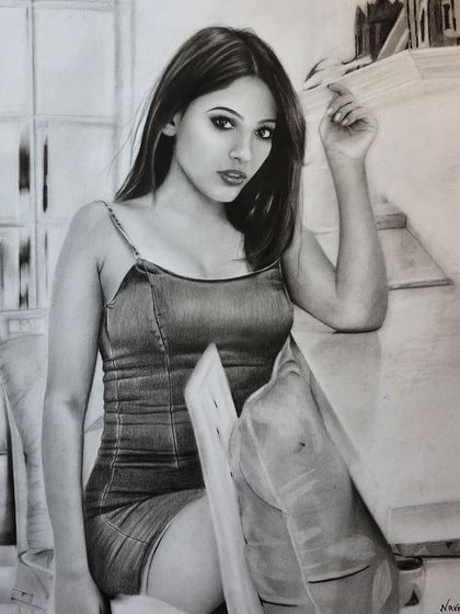 A full-length portrait of a woman in a denim dress, a 25-hour project on A3 paper. The background is lightly sketched to keep the focus on the subject.