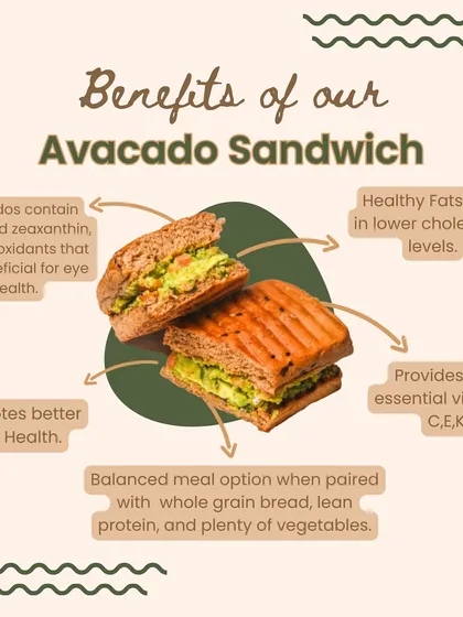 The Avocado Sandwich is not just tasty, it's also full of benefits. Avocados provide healthy fats, promote skin and eye health, and are packed with essential vitamins.