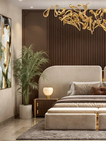 This angle includes a large piece of abstract art and a plant, adding color and life to the sophisticated, neutral palette.