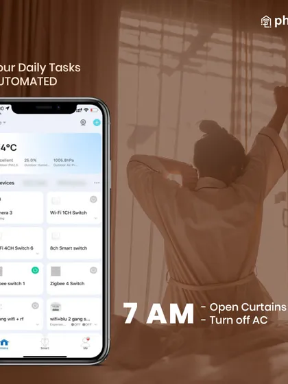 I help you automate your daily routine with smart scheduling. Here, you can see how the Phlipton app is set to automatically open the curtains at 7 AM, letting you wake up naturally with the sun instead of a jarring alarm.