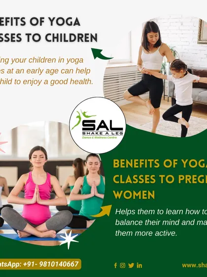 Our yoga classes are beneficial for the whole family. This graphic explains how yoga can help children develop good health from an early age and support pregnant women by balancing their mind and body.