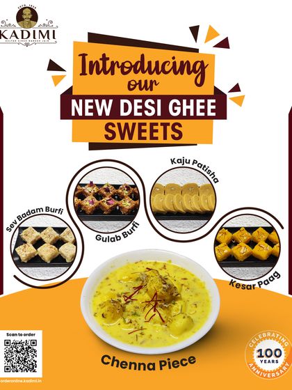 We are always creating new sweets. Here are some of our new desi ghee arrivals: Sev Badam Burfi, Gulab Burfi, Kaju Patisha, Kesar Paag, and Chenna Piece.
