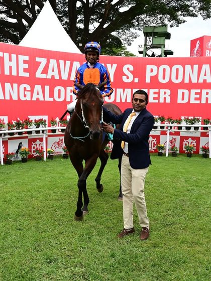 Uchchaihshravas, with jockey Neeraj Rawal, after a strong performance to win The Mumbai Cup.