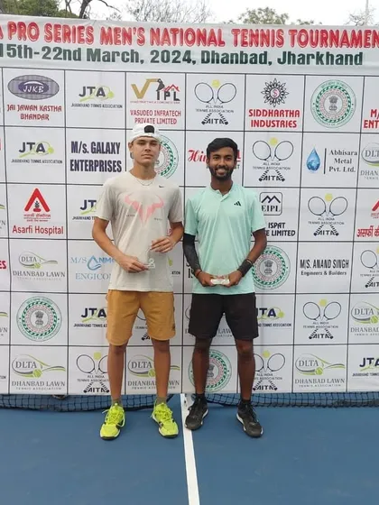 The prize ceremony at the AITA Pro Series Men's National Tennis Tournament in Jharkhand, with our winner Anup Bangargi.