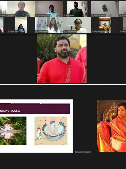 A screenshot from our Pancha Bhuta Shuddhikaran Kriya virtual event. This collage shows participants online alongside a presentation slide detailing the meditation healing process, illustrating how we combine teaching with practical application.