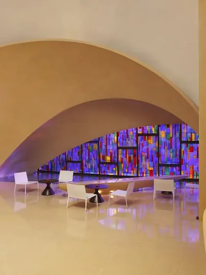 Another view of our unique lounge area, where modern design and artistic lighting come together to create a space that is both stylish and serene.