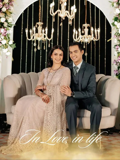 "In Love in life." A perfect caption for a perfect couple. This shot captures the romance and glamour of their reception night.
