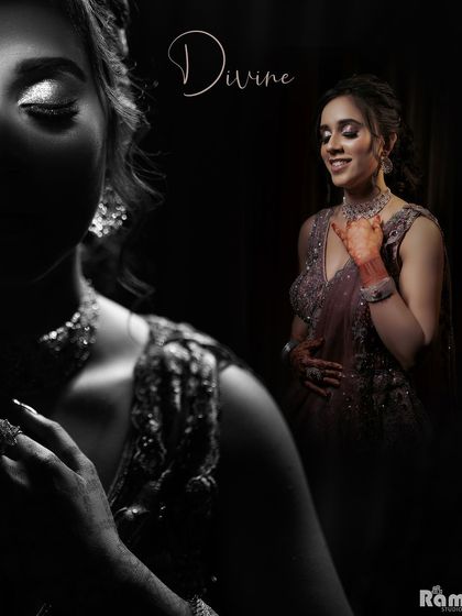 An artistic and "divine" collage of the bride. The mix of a dramatic black and white close-up with a soft, smiling portrait showcases her beauty and the emotion of the day.